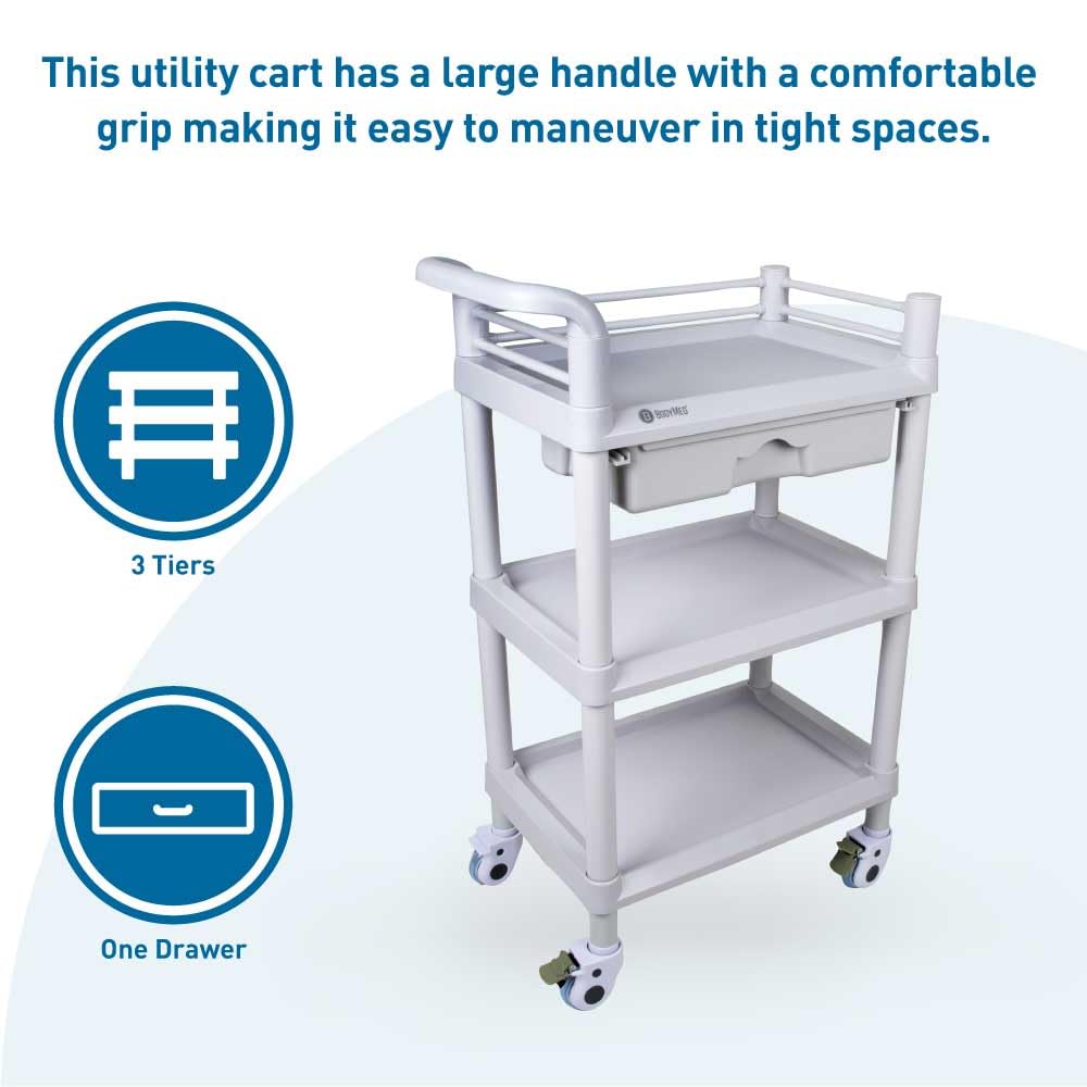 3-Tier Medical Utility Cart with Drawer and Shelves B649