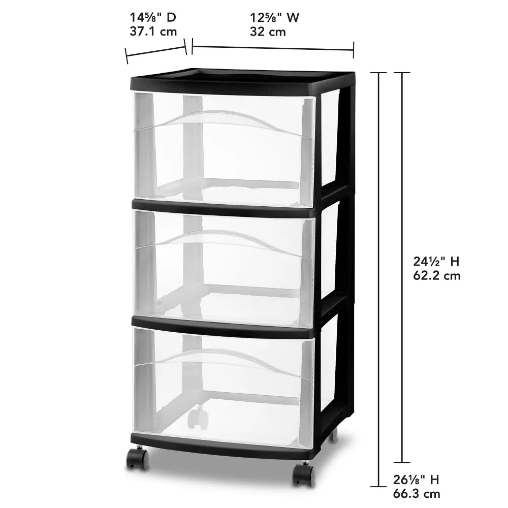 3 Tier Medium Storage Stroller, Black Frame with Clear Drawer L50884