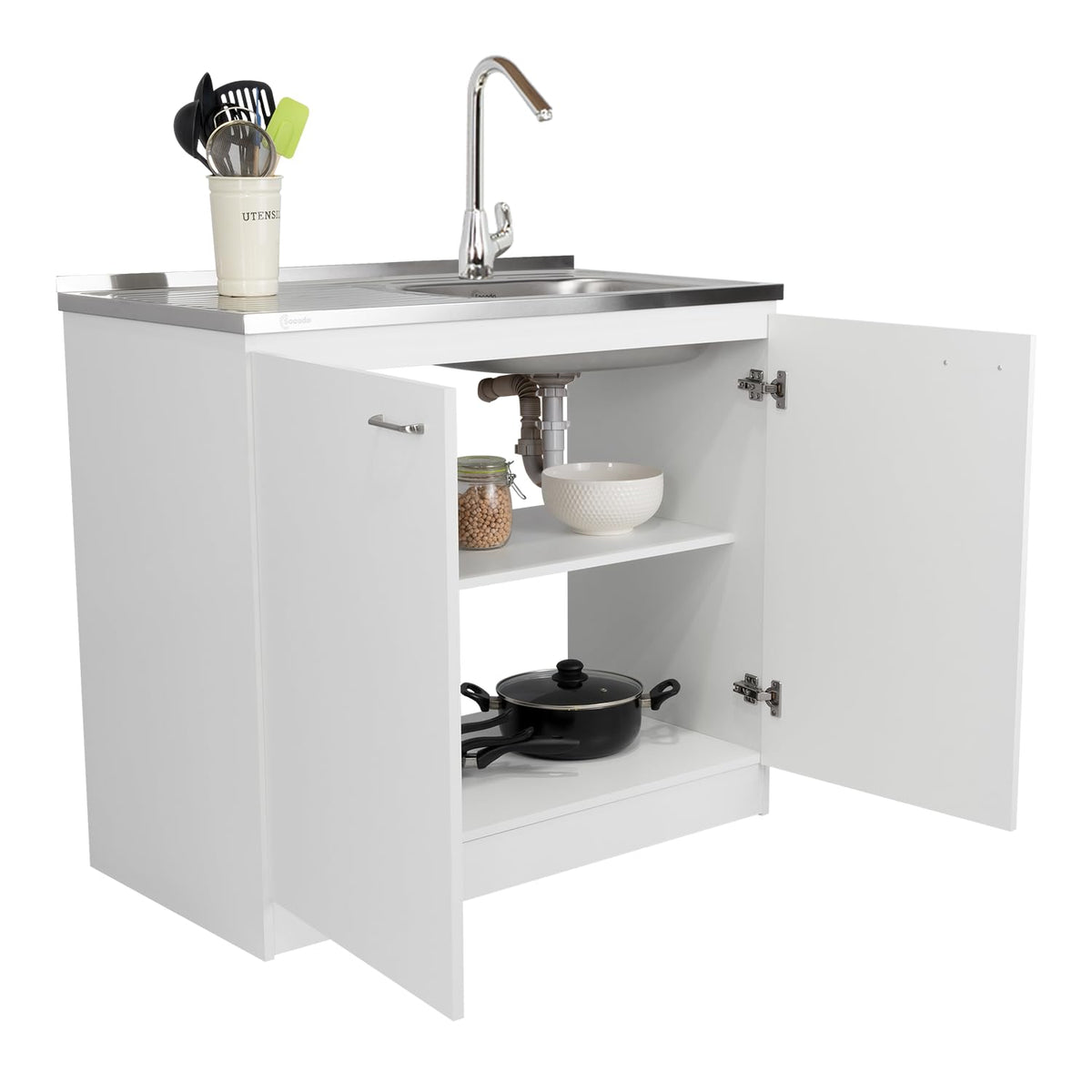 White 39 in Kitchen Sink Cabinet with Stainless Steel Top D699