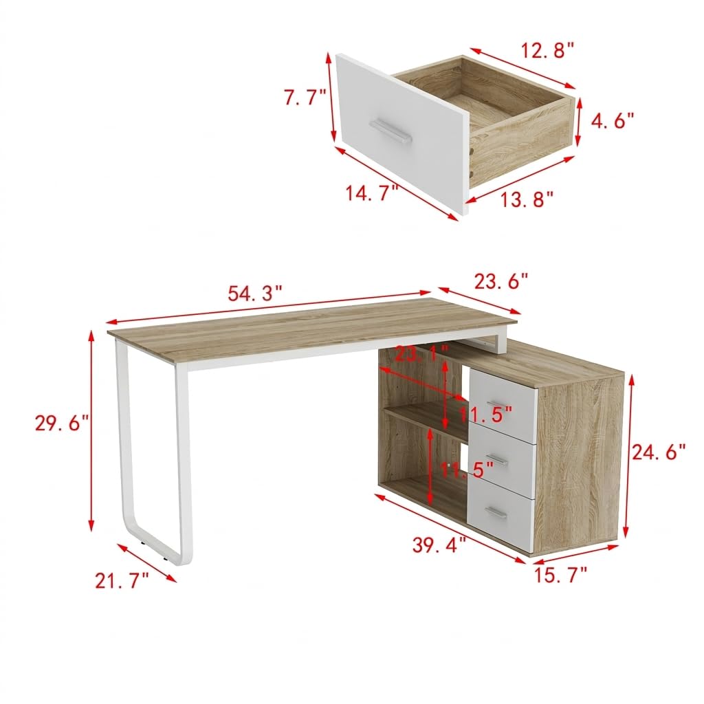 54 Inch Walnut and White L-Shaped Corner Desk with 3 Drawers and 2 Shelves P35140