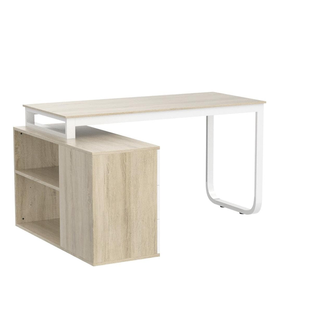 54 Inch Walnut and White L-Shaped Corner Desk with 3 Drawers and 2 Shelves P35140