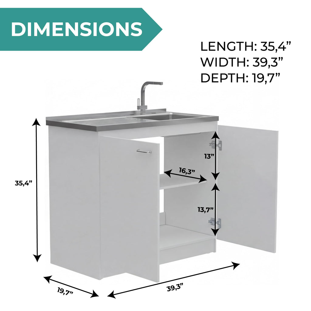 White 39 in Kitchen Sink Cabinet with Stainless Steel Top D699