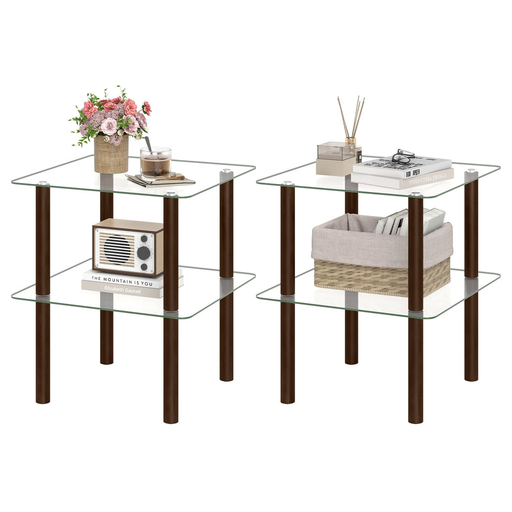 Square End Table Set of 2, 2-Tier Glass Top Sofa Side Table Q970