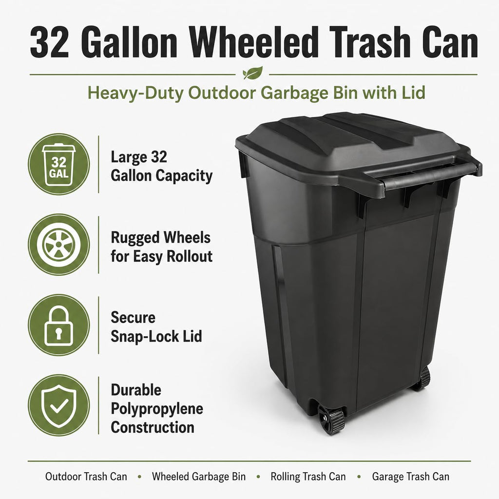 32 Gallon Wheeled Heavy-Duty Outdoor Trash Can H9249