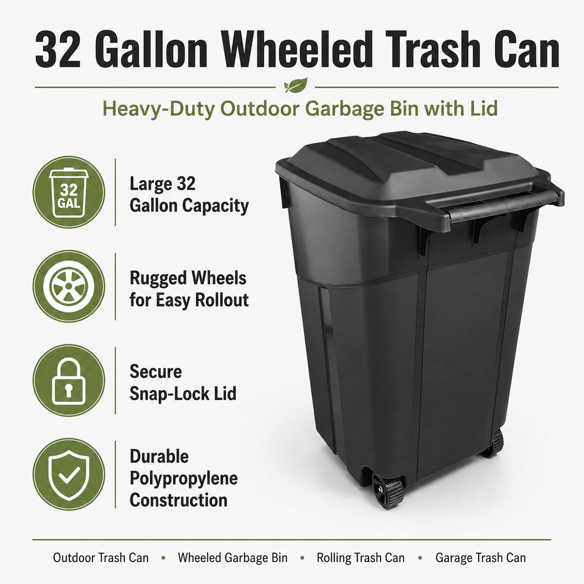32 Gallon Wheeled Heavy-Duty Outdoor Trash Can H9249
