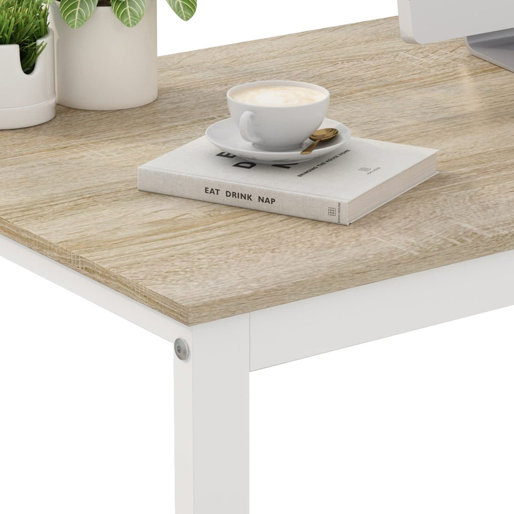 54 Inch Walnut and White L-Shaped Corner Desk with 3 Drawers and 2 Shelves P35140