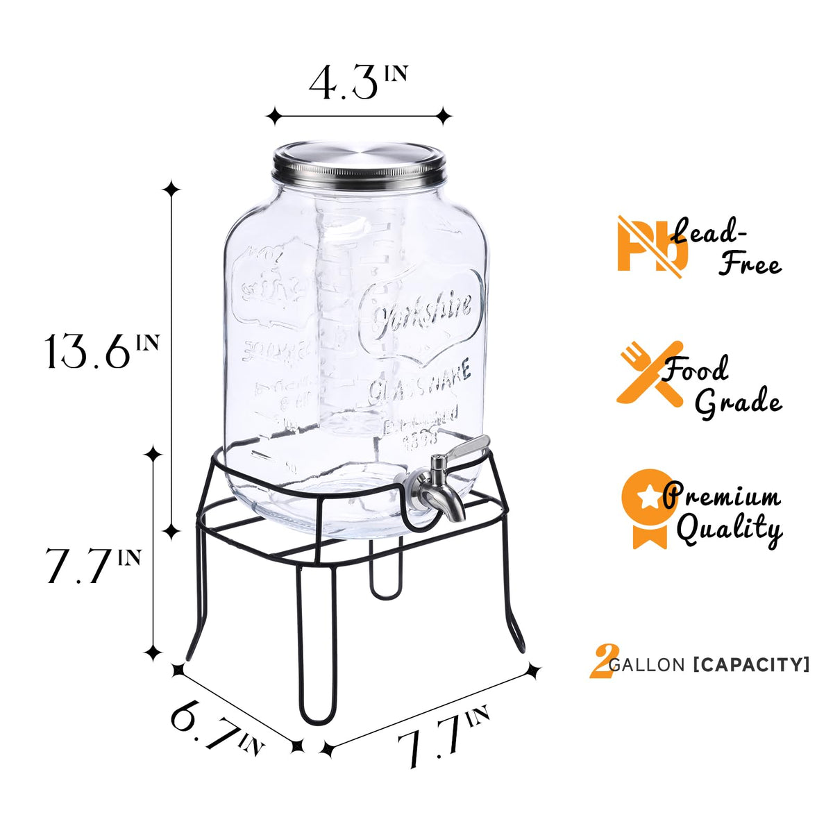 2 Gallon Glass Drink Dispenser with Stand E5334