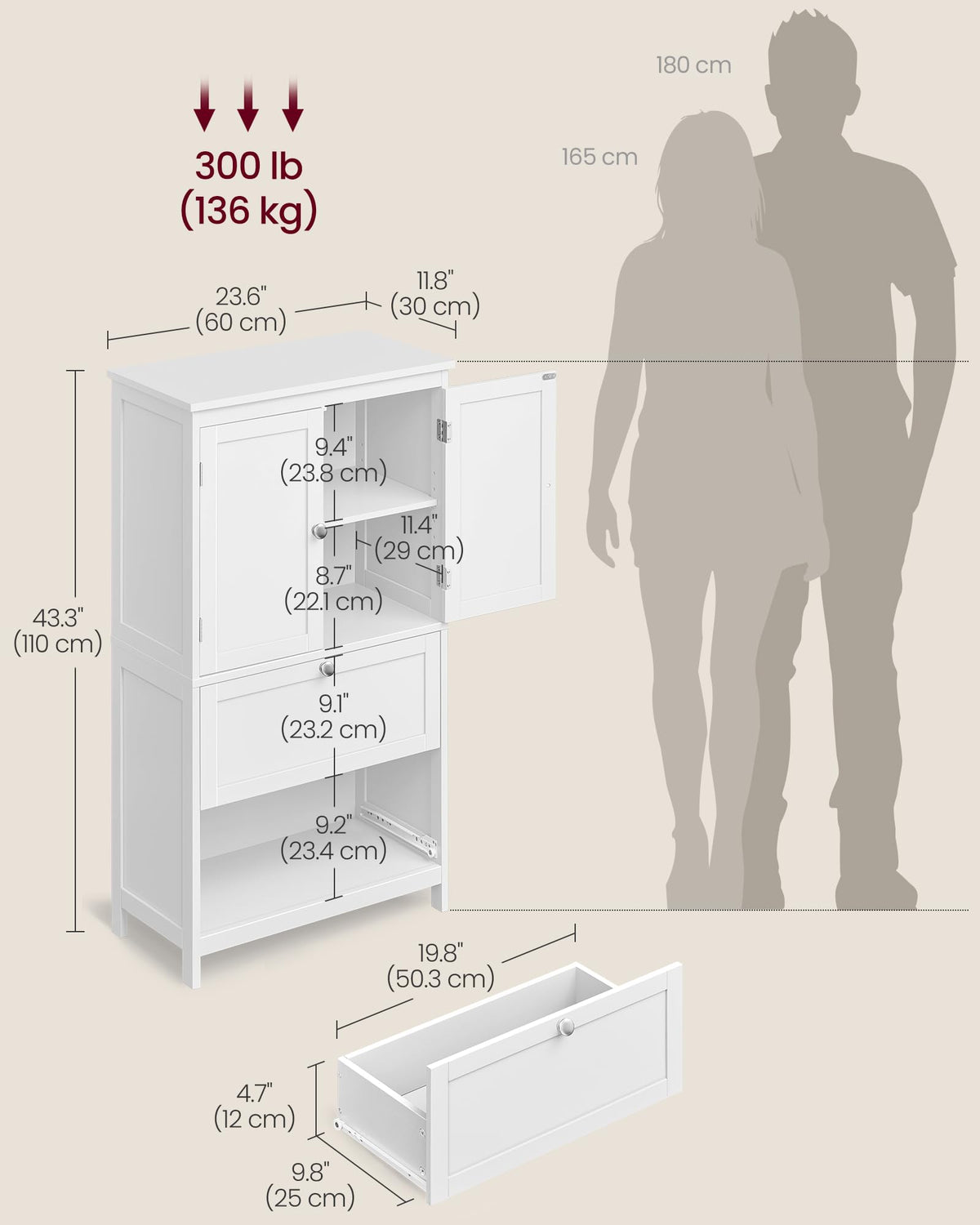 Cloud White Bathroom Floor Cabinet with 2 Doors, 2 Drawers D4241