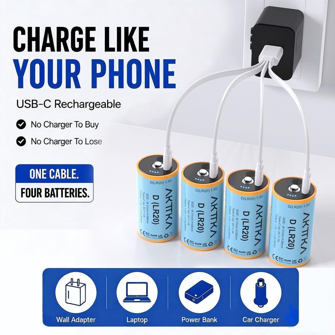 4 Pack Rechargeable D Batteries 1.5V Lithium K104926