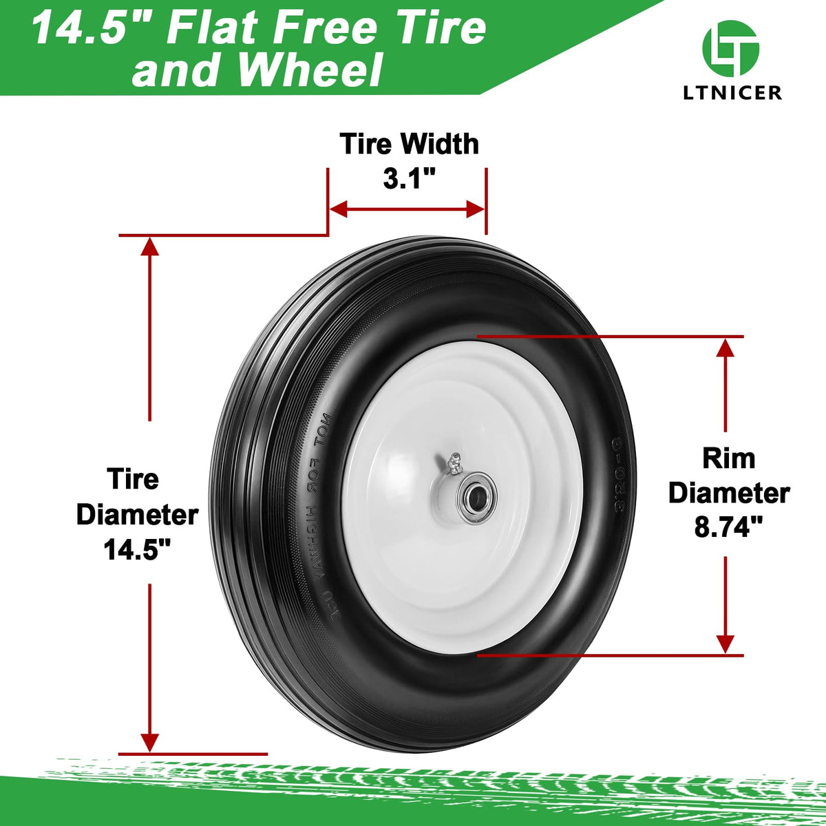 14.5" Flat Free Wheelbarrow Tire with 3/4" & 5/8" Bearing X792