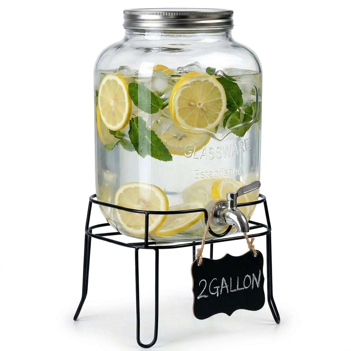 2 Gallon Glass Drink Dispenser with Stand E5334