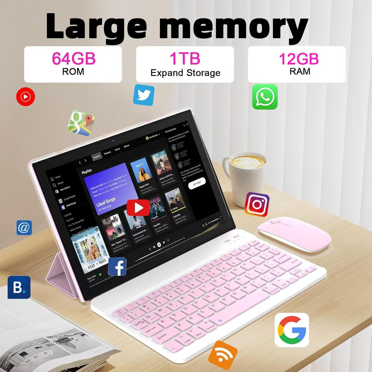 10 inch Android 15 Tablet with Keyboard Case Mouse Stylus Pink X925