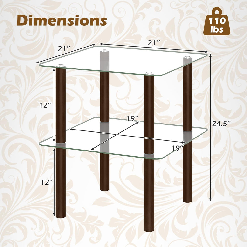 Square End Table Set of 2, 2-Tier Glass Top Sofa Side Table Q970