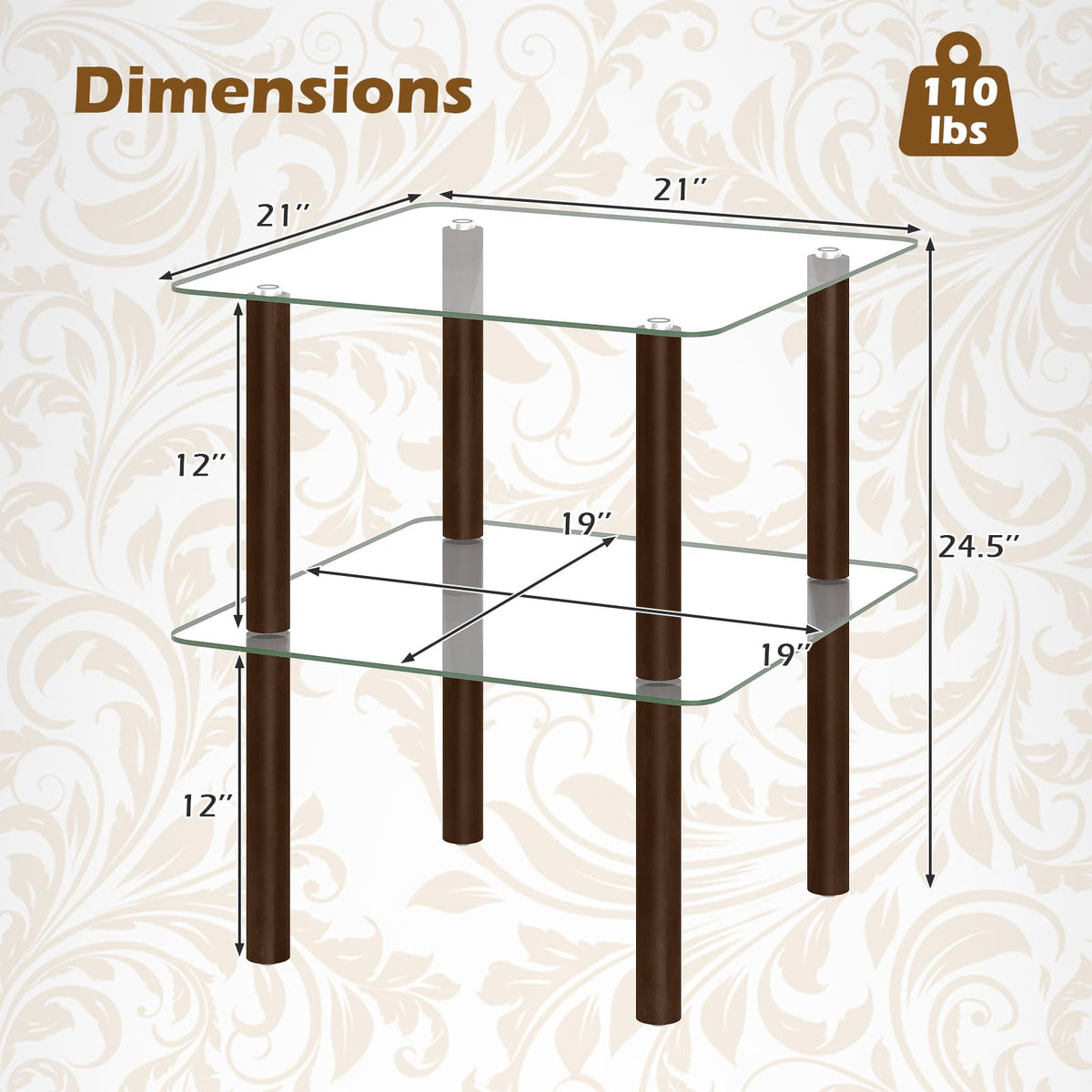 Square End Table Set of 2, 2-Tier Glass Top Sofa Side Table Q970