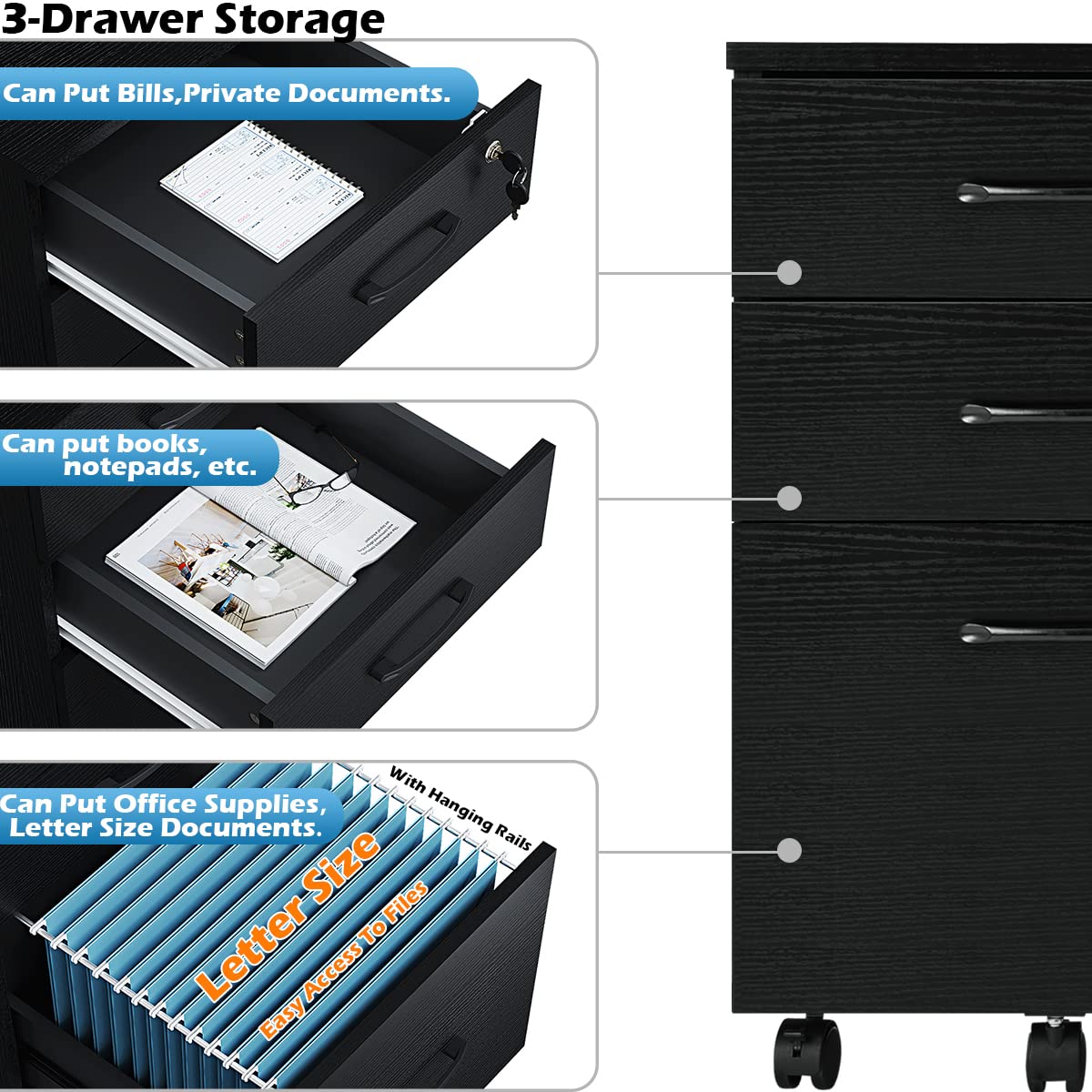 3 Drawer Wood Mobile File Cabinet G123