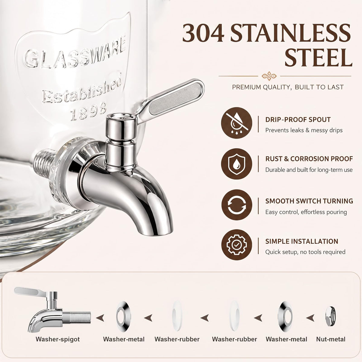 2 Gallon Glass Drink Dispenser with Stand E5334