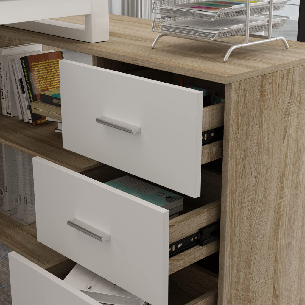 54 Inch Walnut and White L-Shaped Corner Desk with 3 Drawers and 2 Shelves P35140
