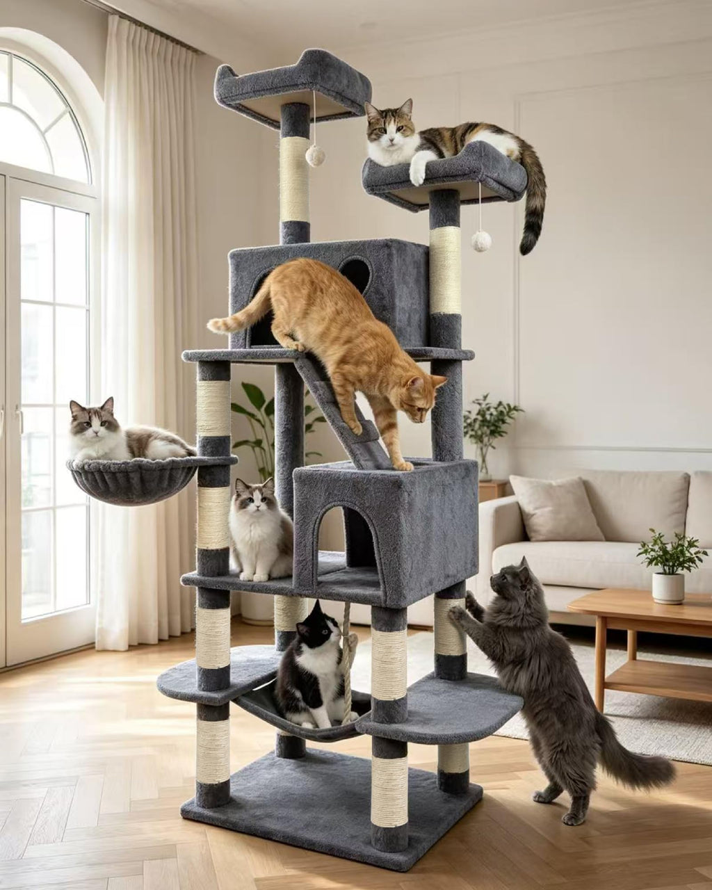 70" Cat Tree with 2 Condos and Wide Perches, Gray J68175