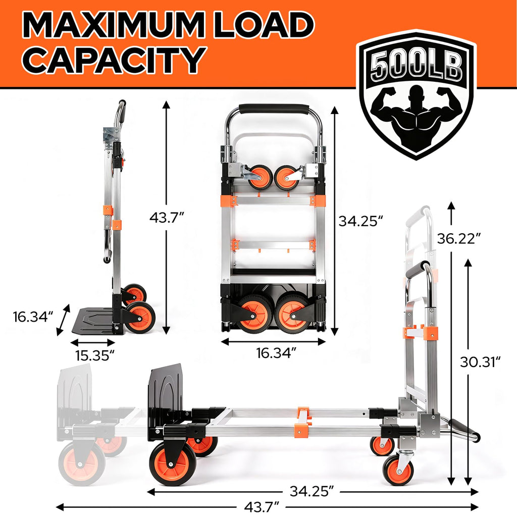 Folding Hand Truck Dolly Cart with Wheels, 500lb Load, Silver Orange Z29266
