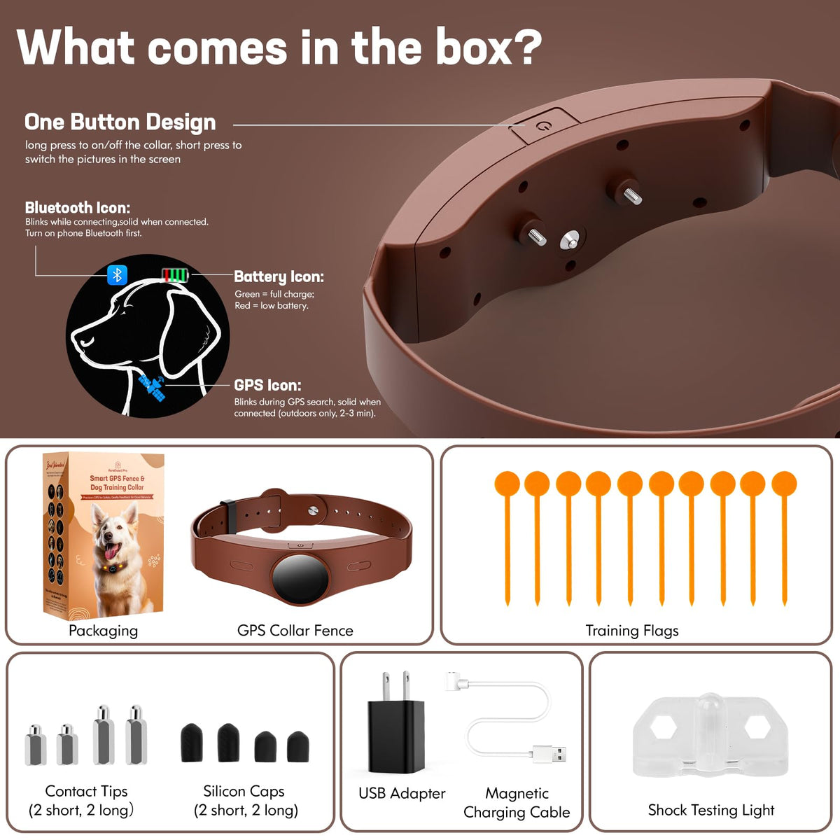 Wireless Dog Fence Collar, 64-3280ft Adjustable, Rechargeable IP7 Waterproof, Brown S755
