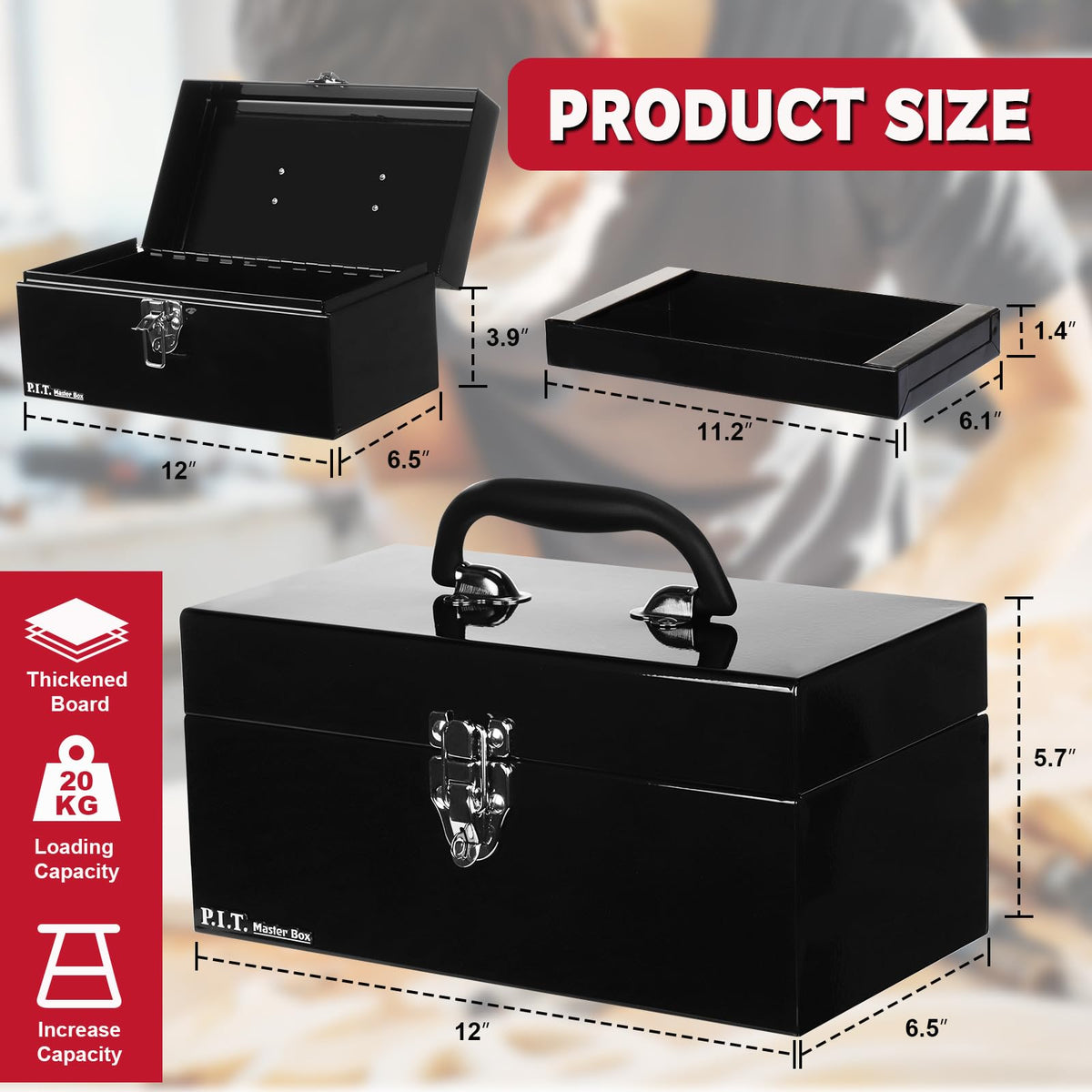Metal Tool Box 12 Inch Portable Small Toolbox with Latch Black Y54764