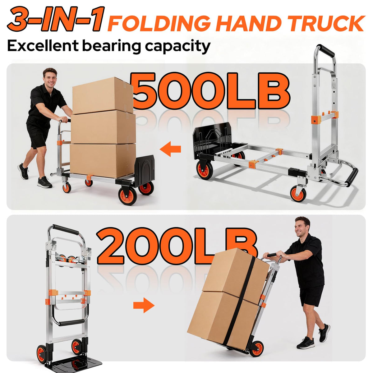 Folding Hand Truck Dolly Cart with Wheels, 500lb Load, Silver Orange Z29266