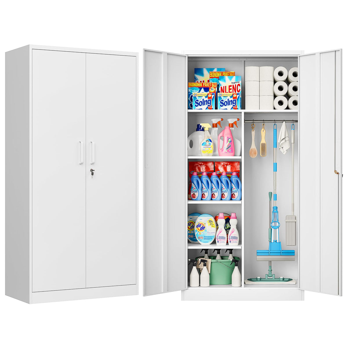 White Metal Storage Cabinet with Hanging Rod and Lock A74213