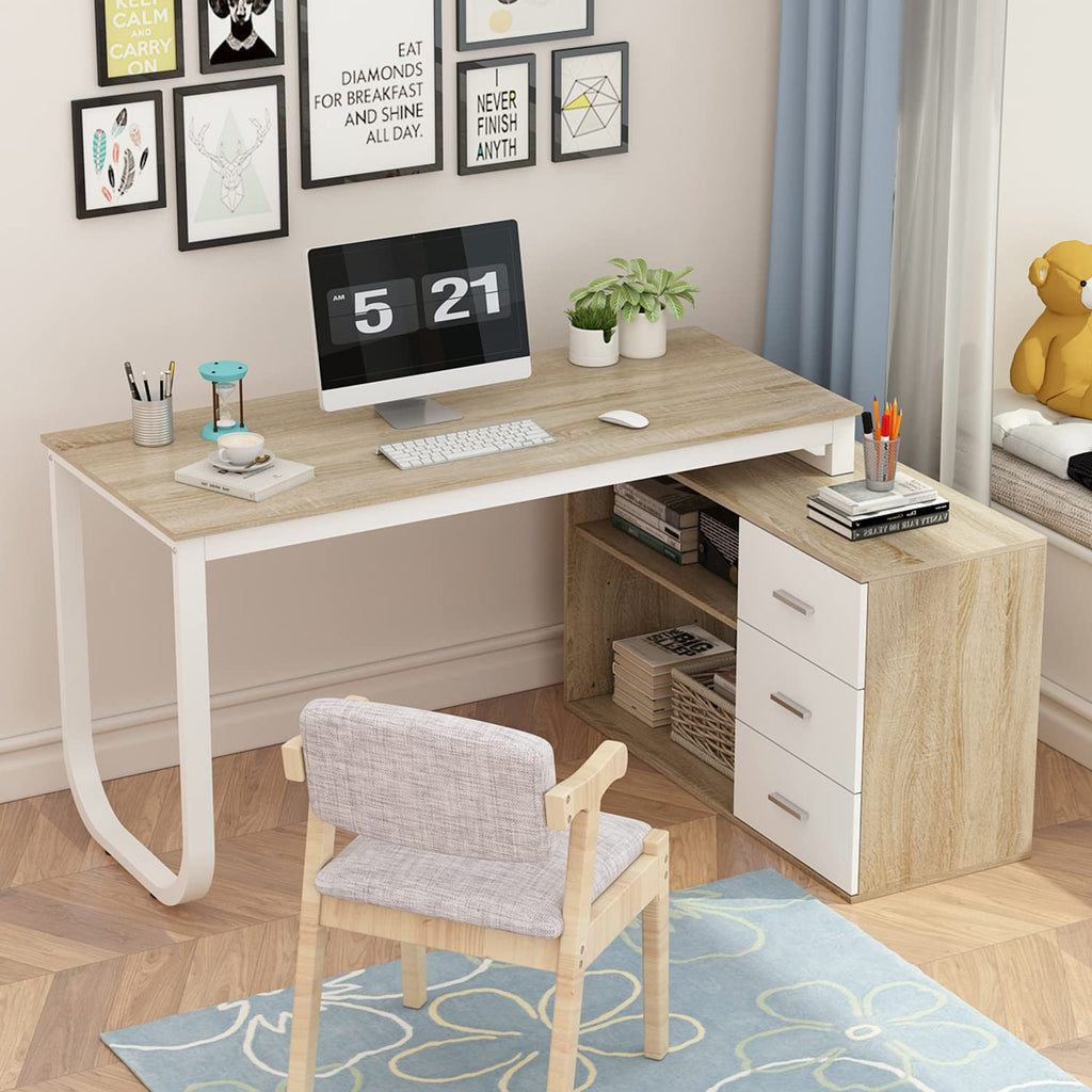 54 Inch Walnut and White L-Shaped Corner Desk with 3 Drawers and 2 Shelves P35140