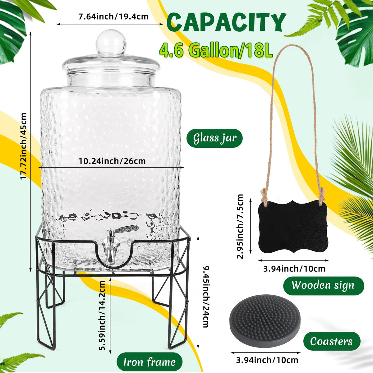 4.6 Gallon Glass Beverage Dispenser with Stand S403