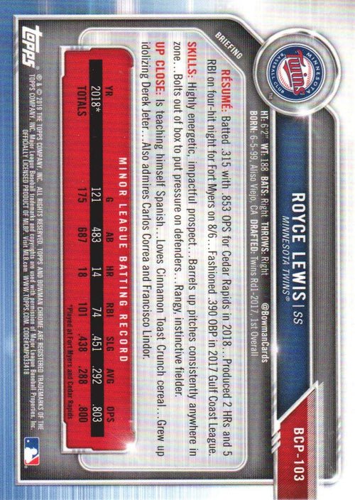 2019 Bowman Chrome Mega Box Prospect Baseball Refractor #BCP-103 Royce Lewis P94634