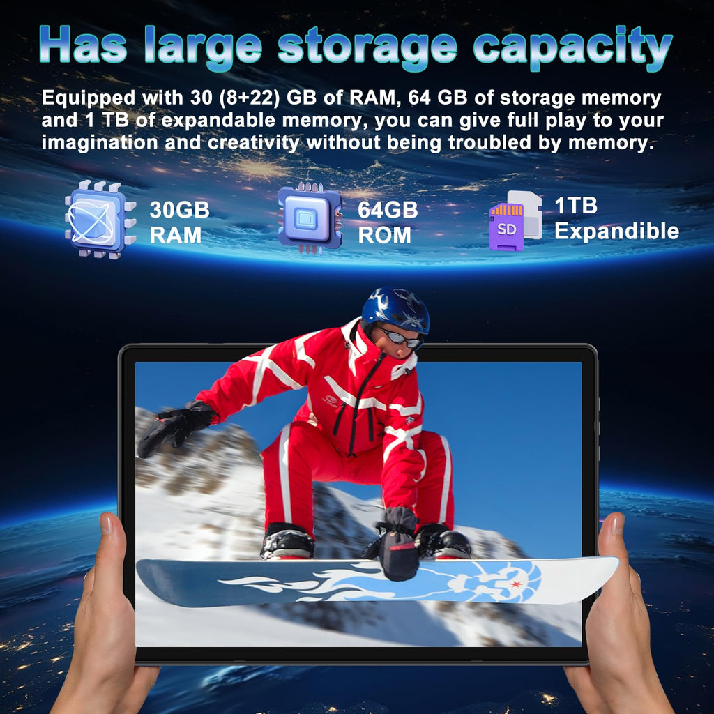 Android 15 Tablet 10.1 Inch FHD 30GB RAM 64GB ROM Black F3035