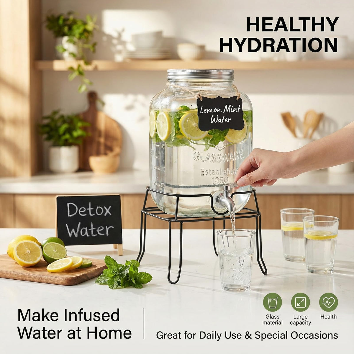 2 Gallon Glass Drink Dispenser with Stand E5334