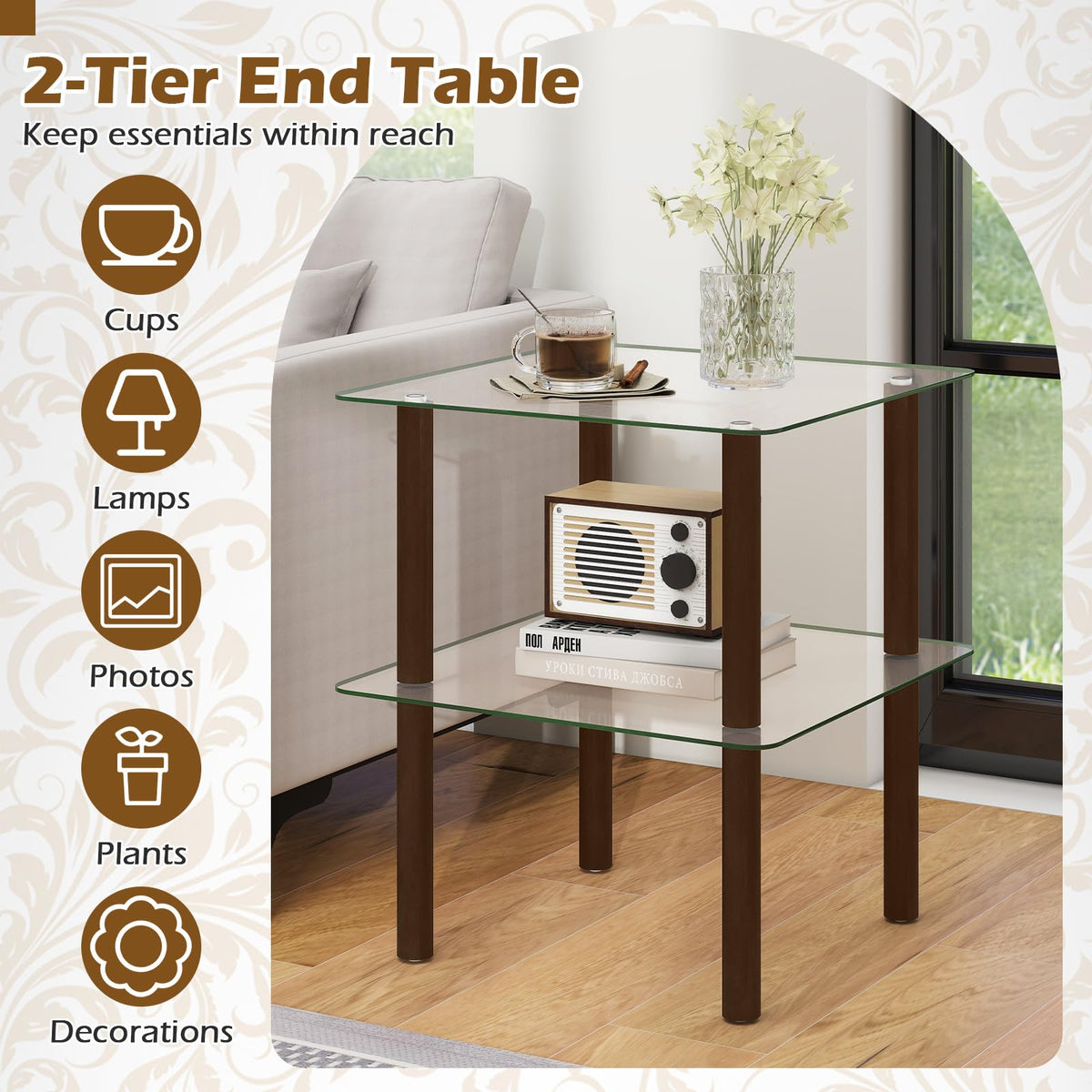 Square End Table Set of 2, 2-Tier Glass Top Sofa Side Table Q970