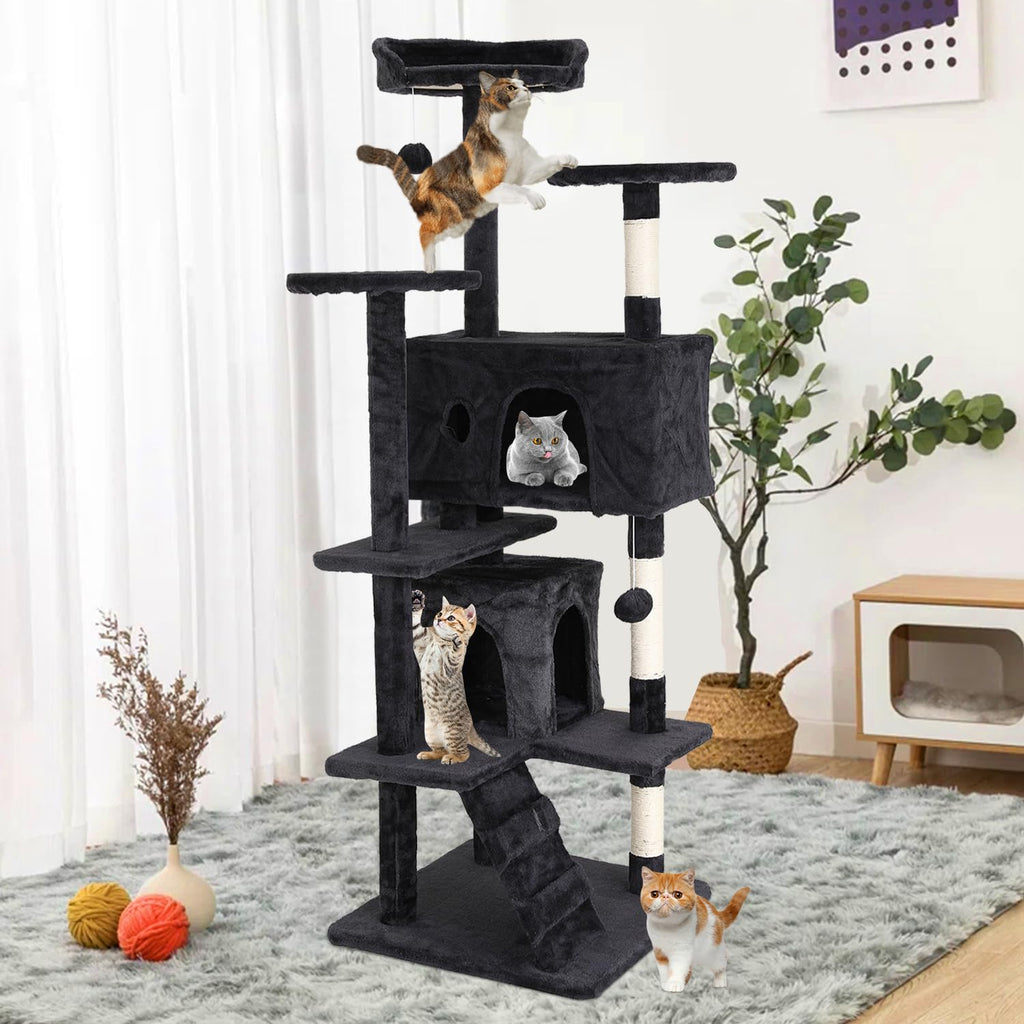 70 Inches Multi-Level Cat Tree with Litter Box Enclosure Dark Gray Z794