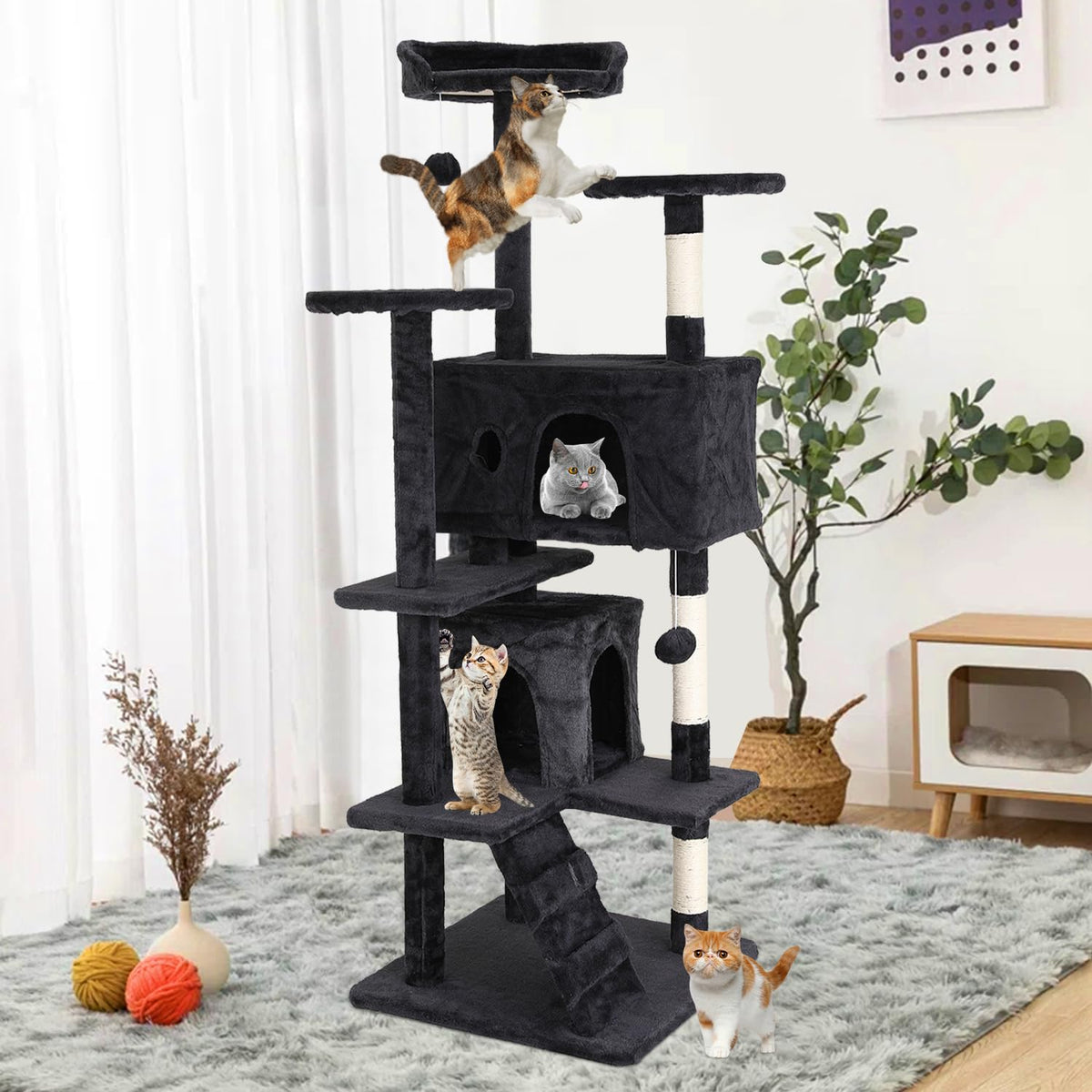 70 Inches Multi-Level Cat Tree with Litter Box Enclosure Dark Gray Z794