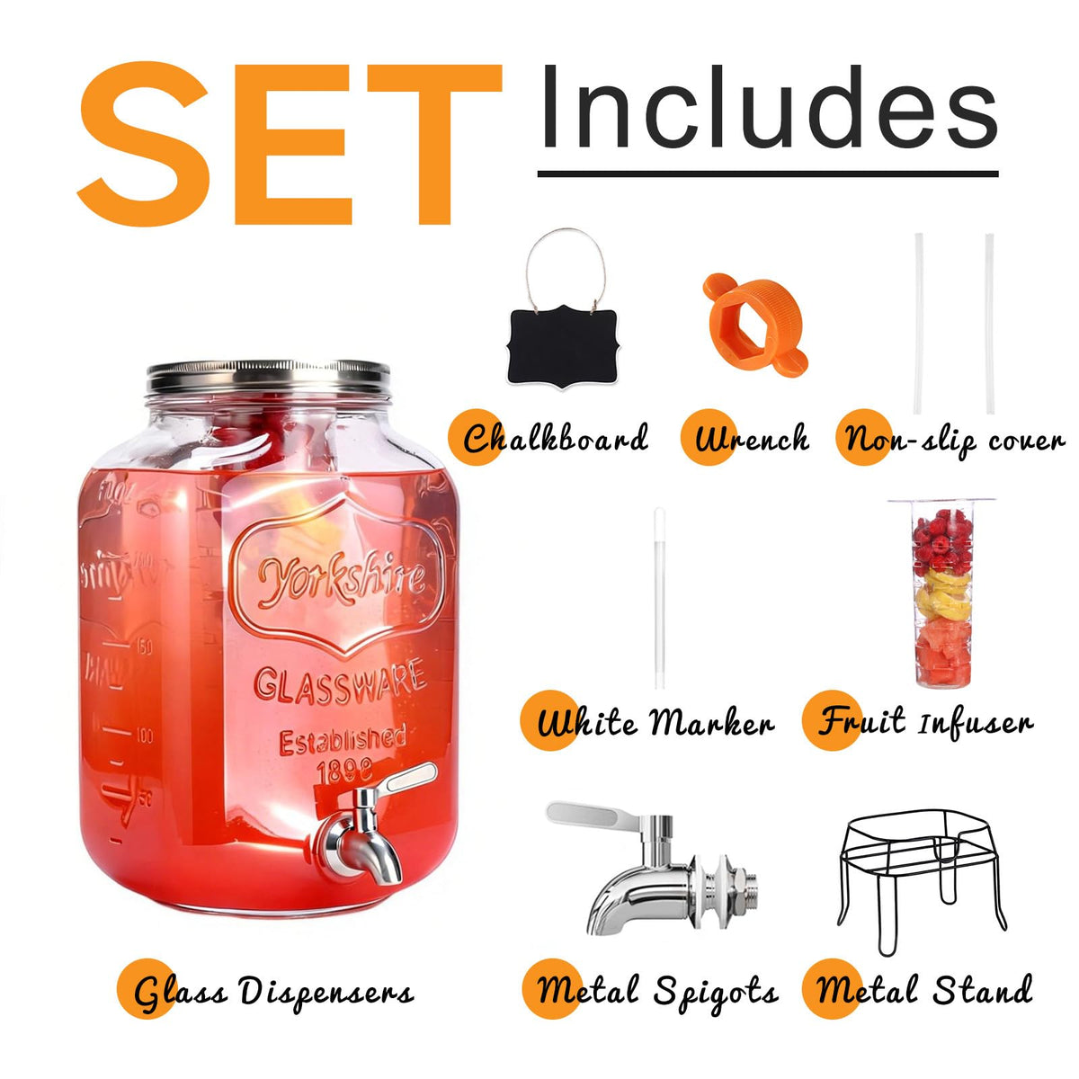 2 Gallon Glass Drink Dispenser with Stand E5334