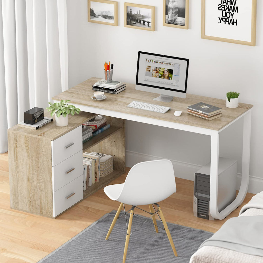 54 Inch Walnut and White L-Shaped Corner Desk with 3 Drawers and 2 Shelves P35140