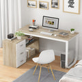 54 Inch Walnut and White L-Shaped Corner Desk with 3 Drawers and 2 Shelves P35140