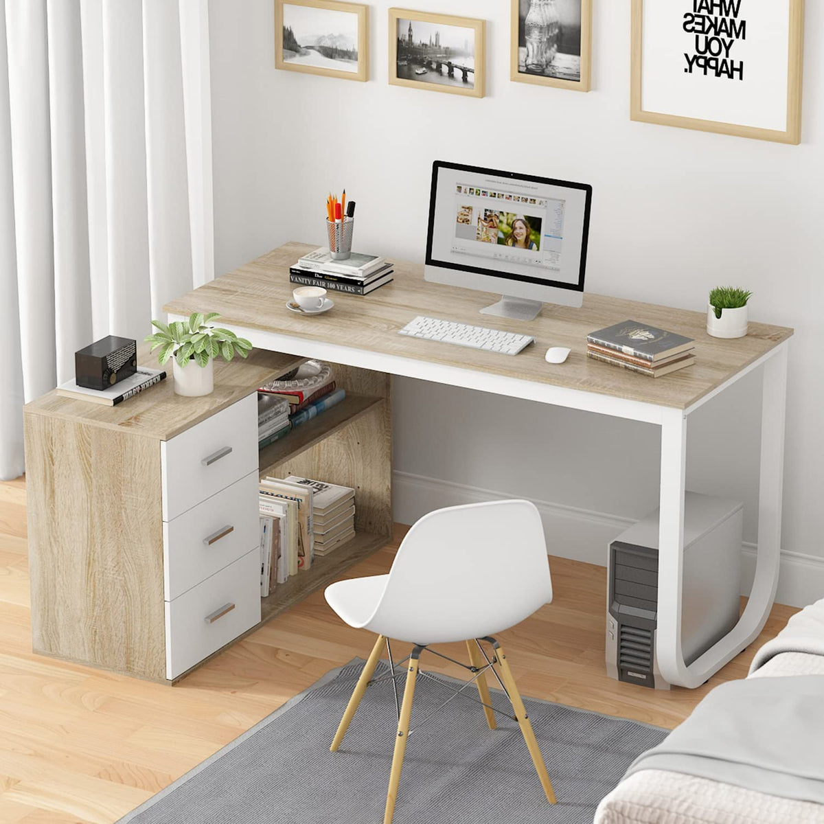54 Inch Walnut and White L-Shaped Corner Desk with 3 Drawers and 2 Shelves P35140