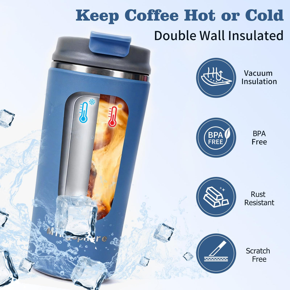 16oz Insulated Stainless Steel Coffee Cup with Flip Lid, Blue A866696