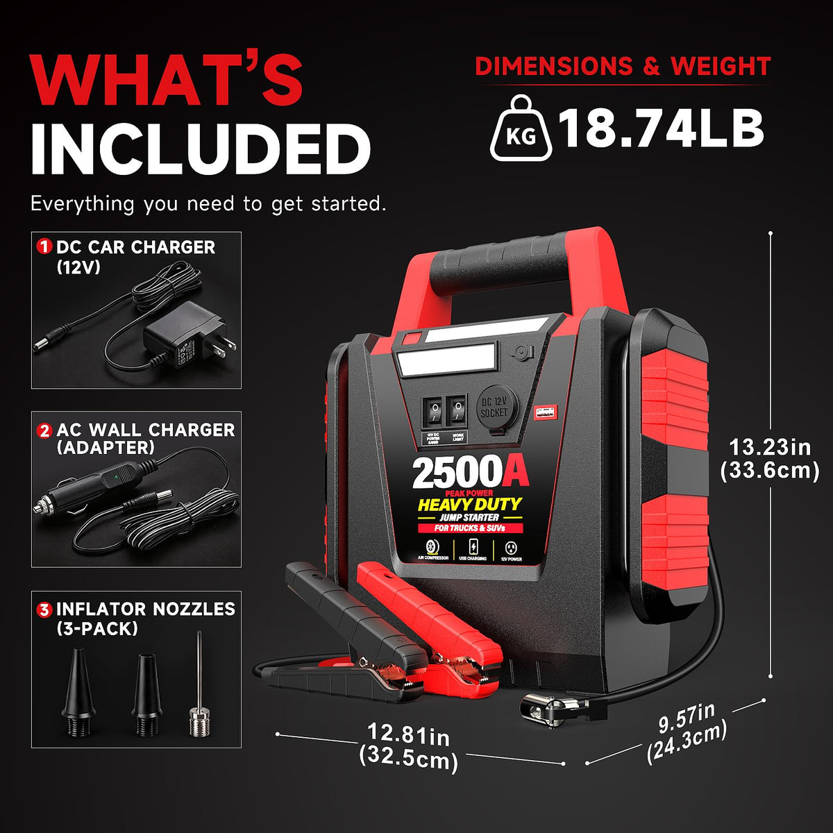 12V Portable Car Jump Starter with Air Compressor and Work Light B6500