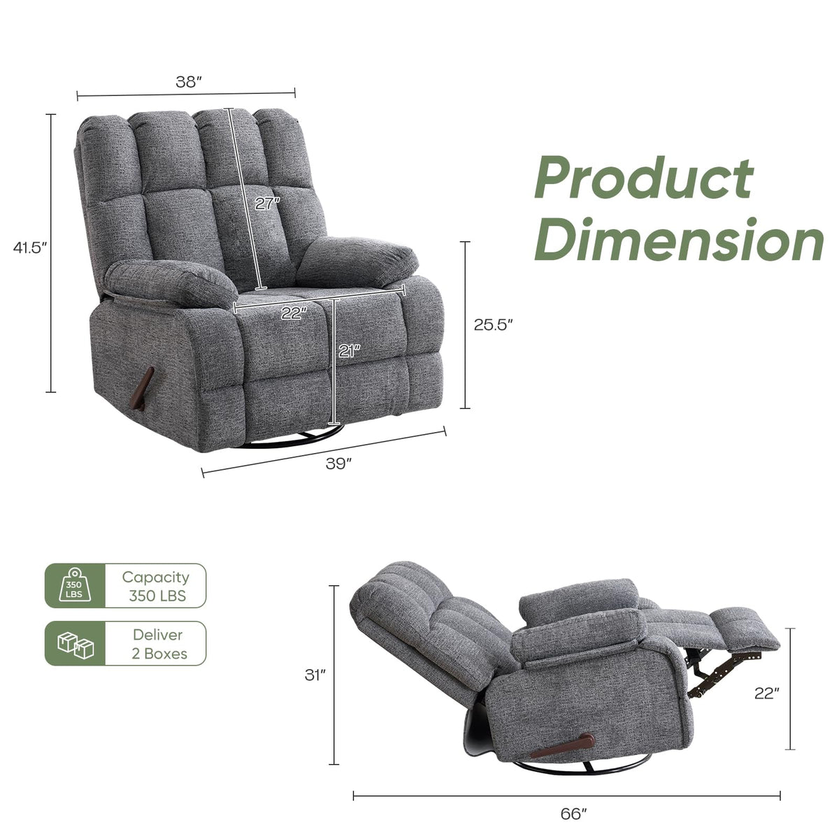 Oversized Chenille Grey Swivel Rocker Recliner S365
