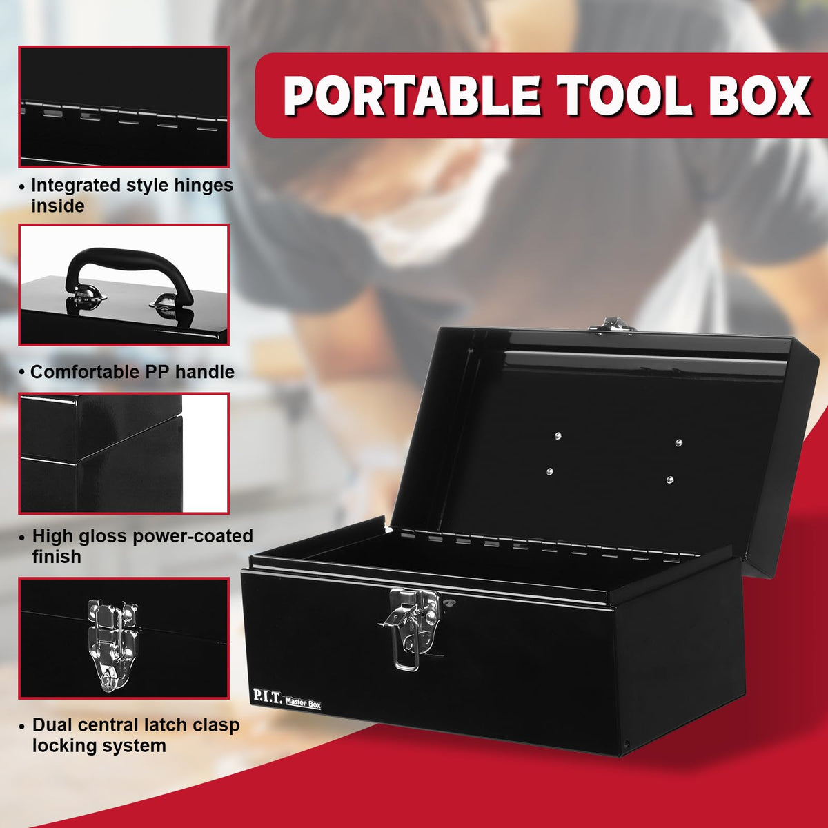 Metal Tool Box 12 Inch Portable Small Toolbox with Latch Black Y54764