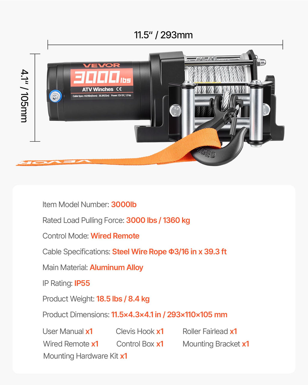 12V DC Electric Winch with Steel Wire Rope and Wired Remote Control R1004
