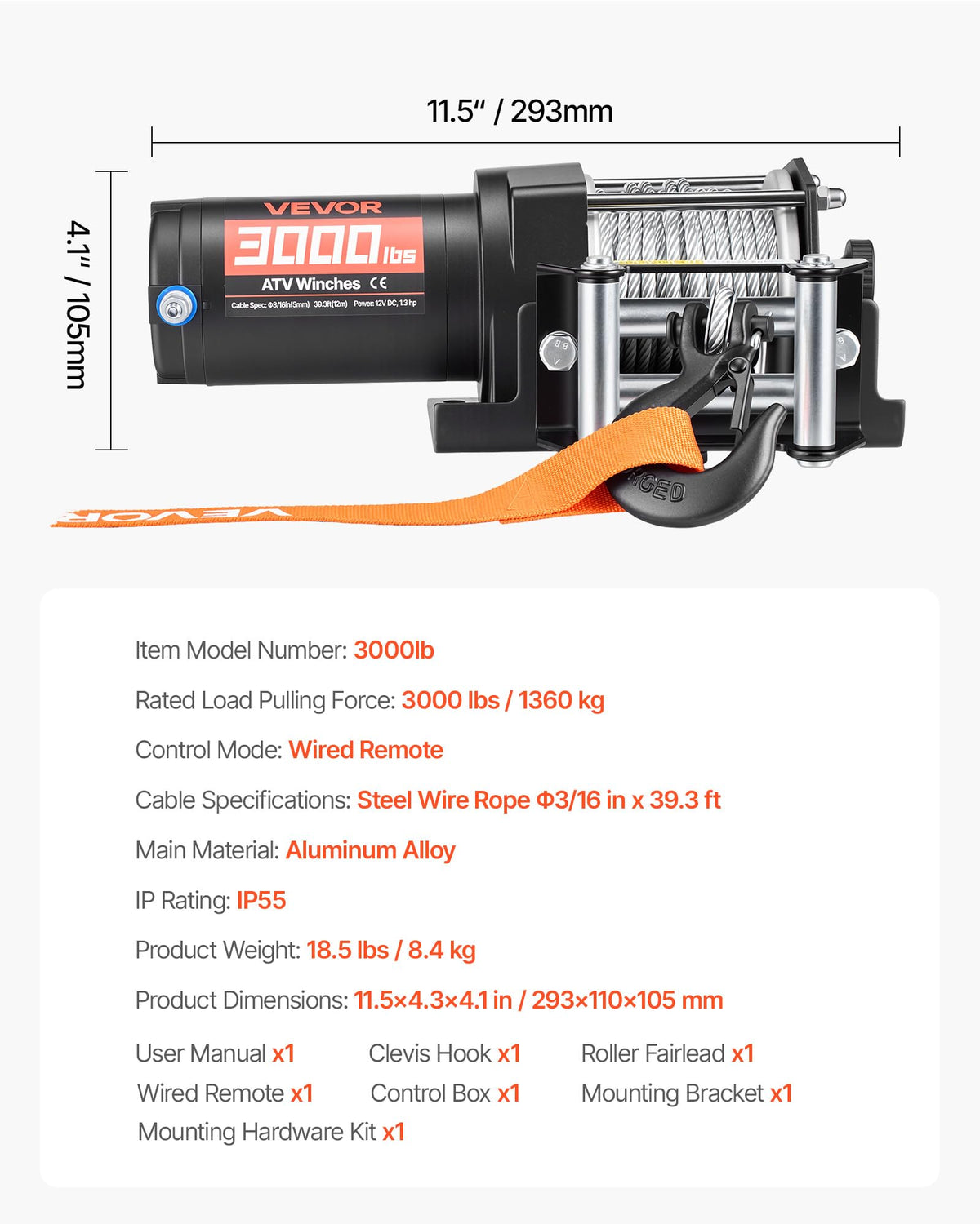 12V DC Electric Winch with Steel Wire Rope and Wired Remote Control R1004
