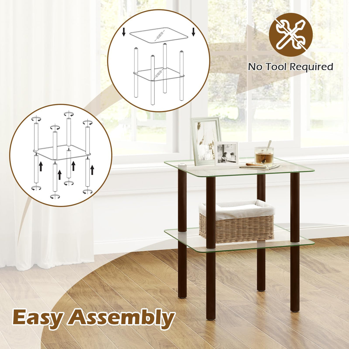 Square End Table Set of 2, 2-Tier Glass Top Sofa Side Table Q970