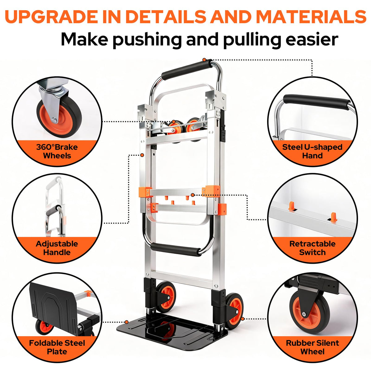 Folding Hand Truck Dolly Cart with Wheels, 500lb Load, Silver Orange Z29266