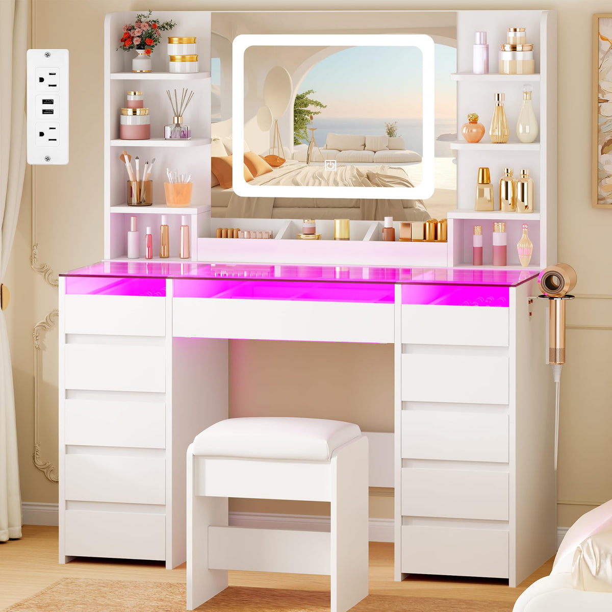 Glass Top Vanity Desk with Mirror and Stool G356312