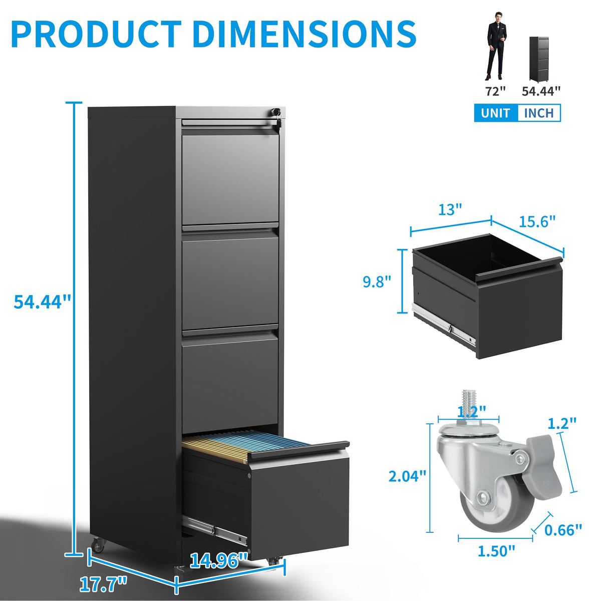 4-Drawer Mobile File Cabinet with Lock and Wheels K498