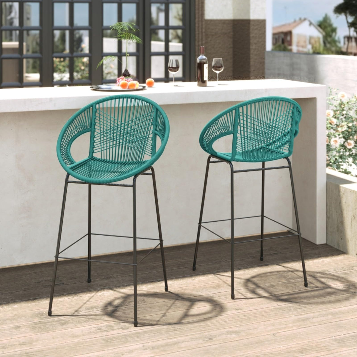 Faux Wicker PE Rattan Bar Stools Set of 2 Teal C3745